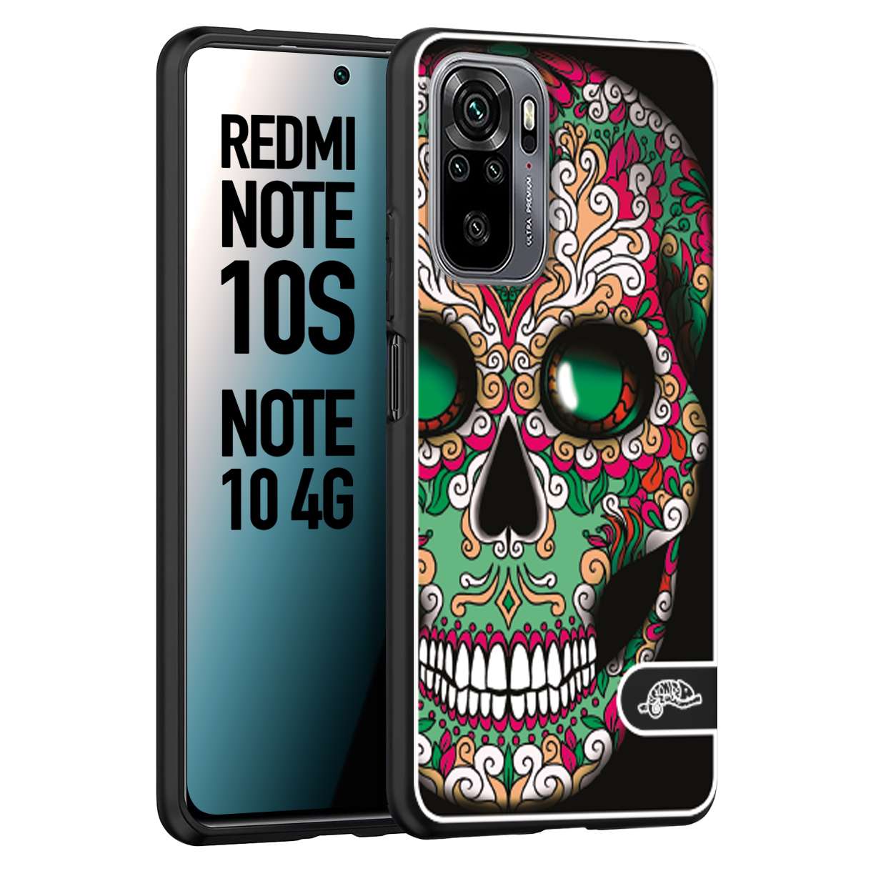 CUSTOMIZZA - Custodia cover nera morbida in tpu compatibile per Xiaomi Redmi Note 10S teschio messicano Mexican skull verde fucsia