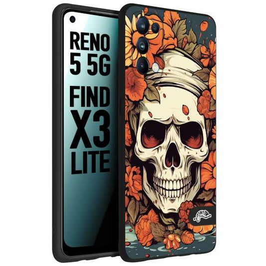 CUSTOMIZZA - Custodia cover nera morbida in tpu compatibile per Oppo Reno 5 5G teschio skull flowers fiori tattoo disegnato alta definizione