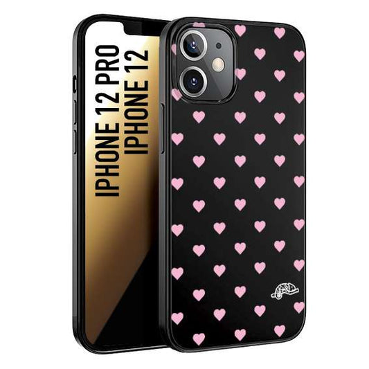 CUSTOMIZZA - Custodia cover nera morbida in tpu compatibile per iPhone 12 - 12 PRO cuori pois rosa su nero donna pin up vintage