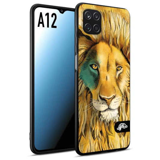 CUSTOMIZZA - Custodia cover nera morbida in tpu compatibile per Samsung A12 leone lion disegnato a mano giallo blu a rilievo artistico brown