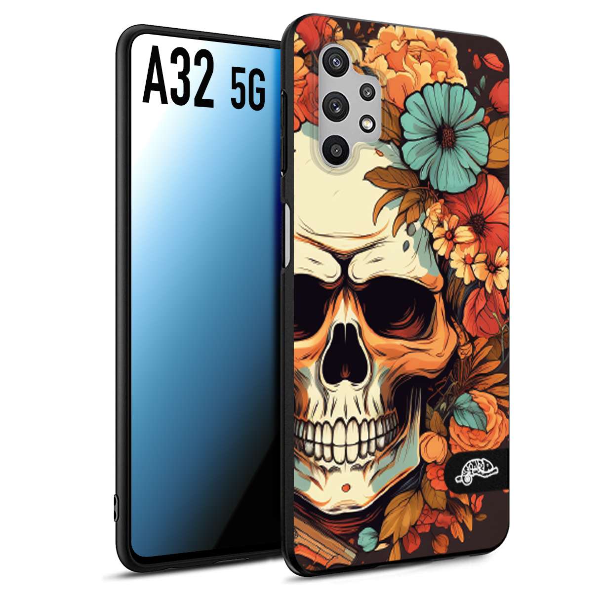 CUSTOMIZZA - Custodia cover nera morbida in tpu compatibile per Samsung A32 5G teschio skull flowers fiori autunnali arancio celeste tattoo