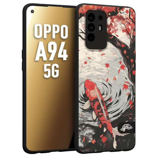 CUSTOMIZZA - Custodia cover nera morbida in tpu compatibile per Oppo A94 5G giapponese lago carpa koi rossa con foglie d'acero rosso disegnata tattoo