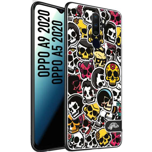 CUSTOMIZZA - Custodia cover nera morbida in tpu compatibile per Oppo A9 2020 - A5 2020 sticker bomb teschi colorati adesivi skulls skater snowboard