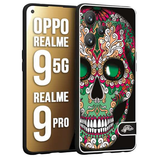 CUSTOMIZZA - Custodia cover nera morbida in tpu compatibile per Oppo Realme 9 5G - 9 PRO teschio messicano Mexican skull verde fucsia