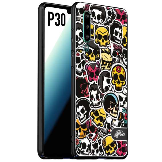 CUSTOMIZZA - Custodia cover nera morbida in tpu compatibile per Huawei P30 sticker bomb teschi colorati adesivi skulls skater snowboard