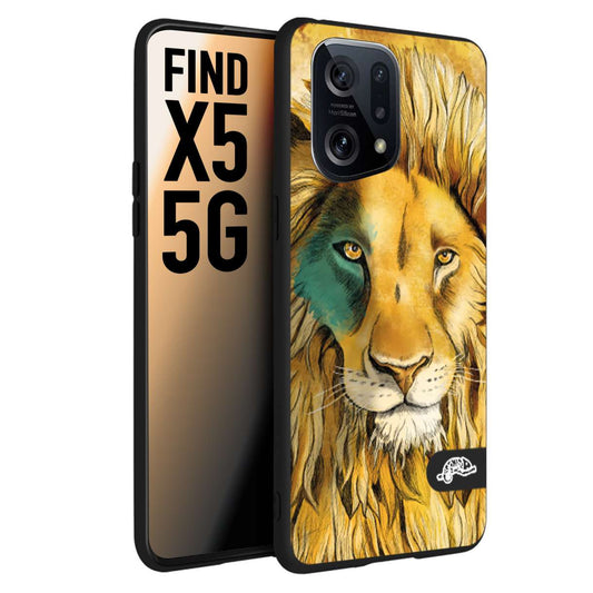 CUSTOMIZZA - Custodia cover nera morbida in tpu compatibile per Oppo Find X5 leone lion disegnato a mano giallo blu a rilievo artistico brown