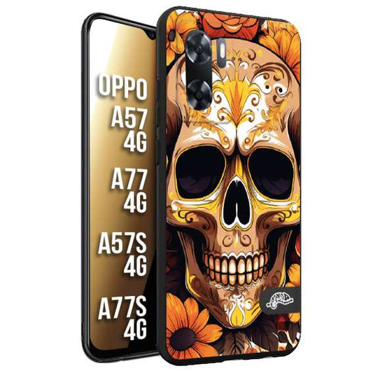 CUSTOMIZZA - Custodia cover nera morbida in tpu compatibile per Oppo A57 - A77 - A57S - A77S (4G) teschio messicano colorato dorato fiori tattoo disegnato