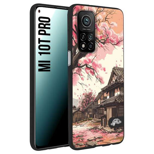 CUSTOMIZZA - Custodia cover nera morbida in tpu compatibile per Xiaomi Mi 10T PRO casa giapponese rosa ciliegio in fiore disegnata tattoo