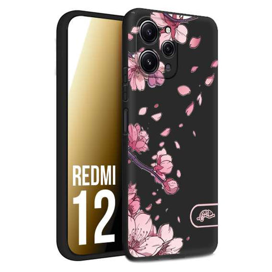 CUSTOMIZZA - Custodia cover nera morbida in tpu compatibile per Xiaomi Redmi 12 giapponese fiori di ciliegio in fiore a rilievo disegnata tattoo