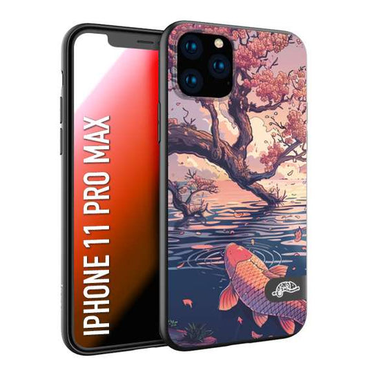 CUSTOMIZZA - Custodia cover nera morbida in tpu compatibile per iPhone 11 PRO MAX giapponese lago carpa koi rosa con foglie d'acero disegnata tattoo