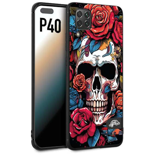 CUSTOMIZZA - Custodia cover nera morbida in tpu compatibile per Huawei P40 teschio skull flowers fiori rose rosse tattoo disegnato