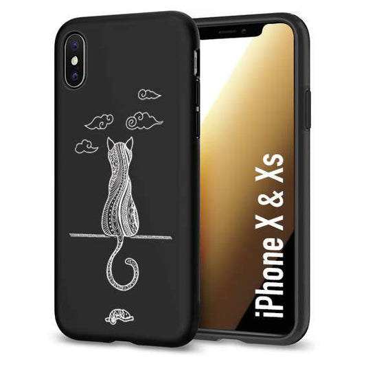 CUSTOMIZZA - Custodia cover nera morbida in tpu compatibile per iPhone X - Xs gatto mandala stilizzato gattino a rilievo soft touch donna bianca