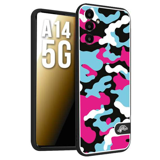 CUSTOMIZZA - Custodia cover nera morbida in tpu compatibile per Samsung A14 5G camouflage mimetico militare fucsia celeste