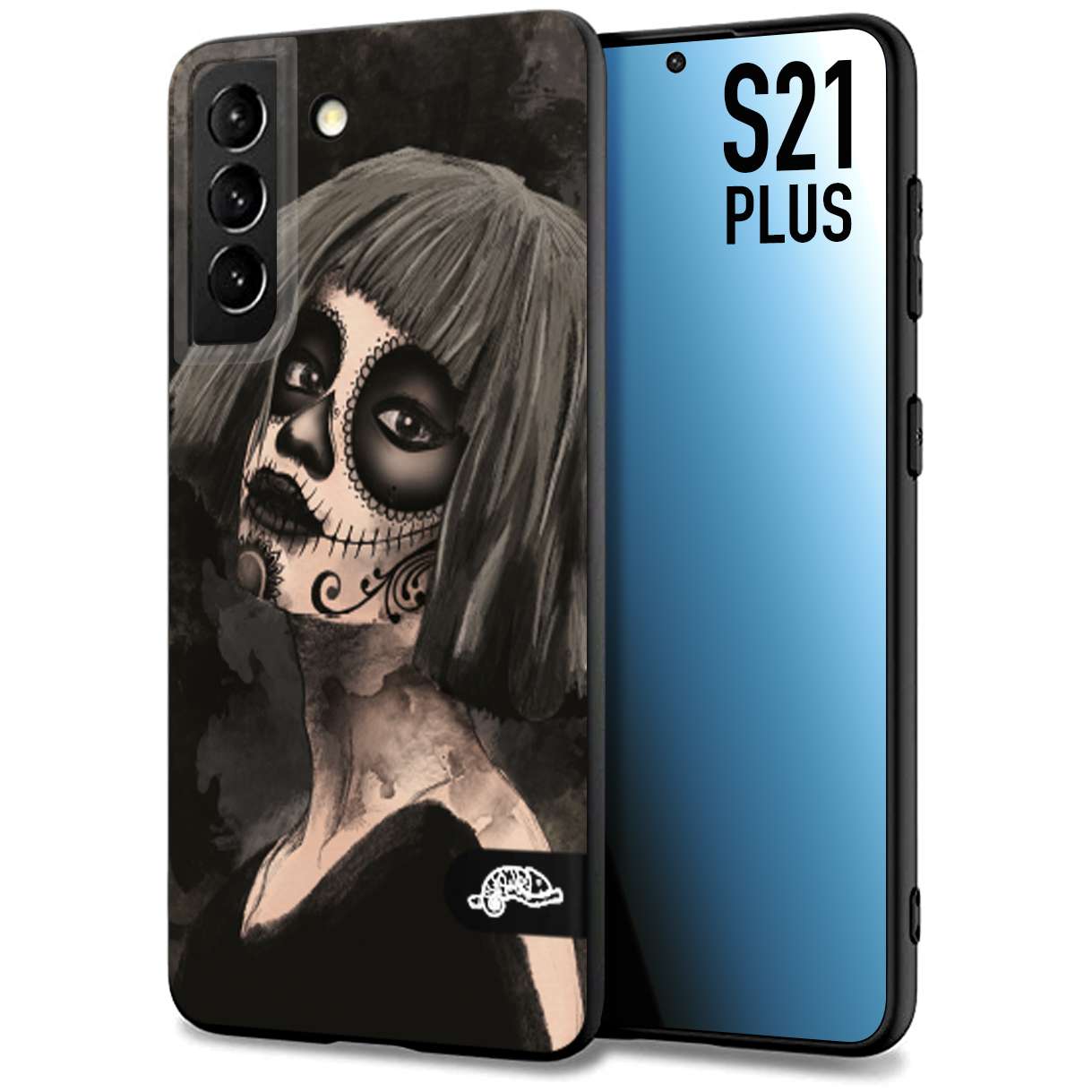 CUSTOMIZZA - Custodia cover nera morbida in tpu compatibile per Samsung S21 PLUS chicana messicana dea de la muerte donna santa tattoo disegnata