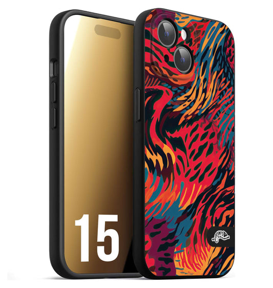 CUSTOMIZZA - Custodia cover nera morbida in tpu compatibile per iPhone 15 leopardato maculato tigrato colorata fiamme rossa blu arancione