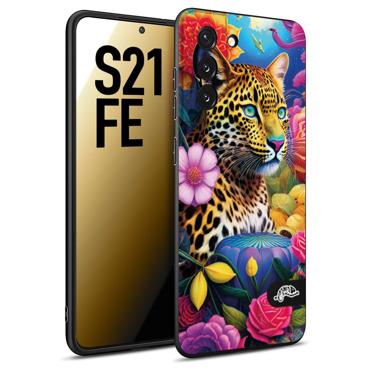 CUSTOMIZZA - Custodia cover nera morbida in tpu compatibile per Samsung S21 FE fiori astratti donna flower fantasia leopardo ghepardo animali colorati