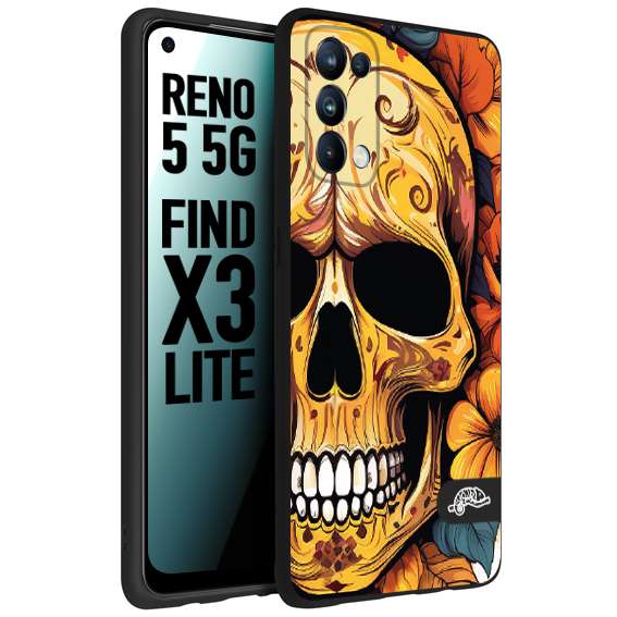 CUSTOMIZZA - Custodia cover nera morbida in tpu compatibile per Oppo Reno 5 5G teschio messicano colorato dorato fiori autunnali disegnato