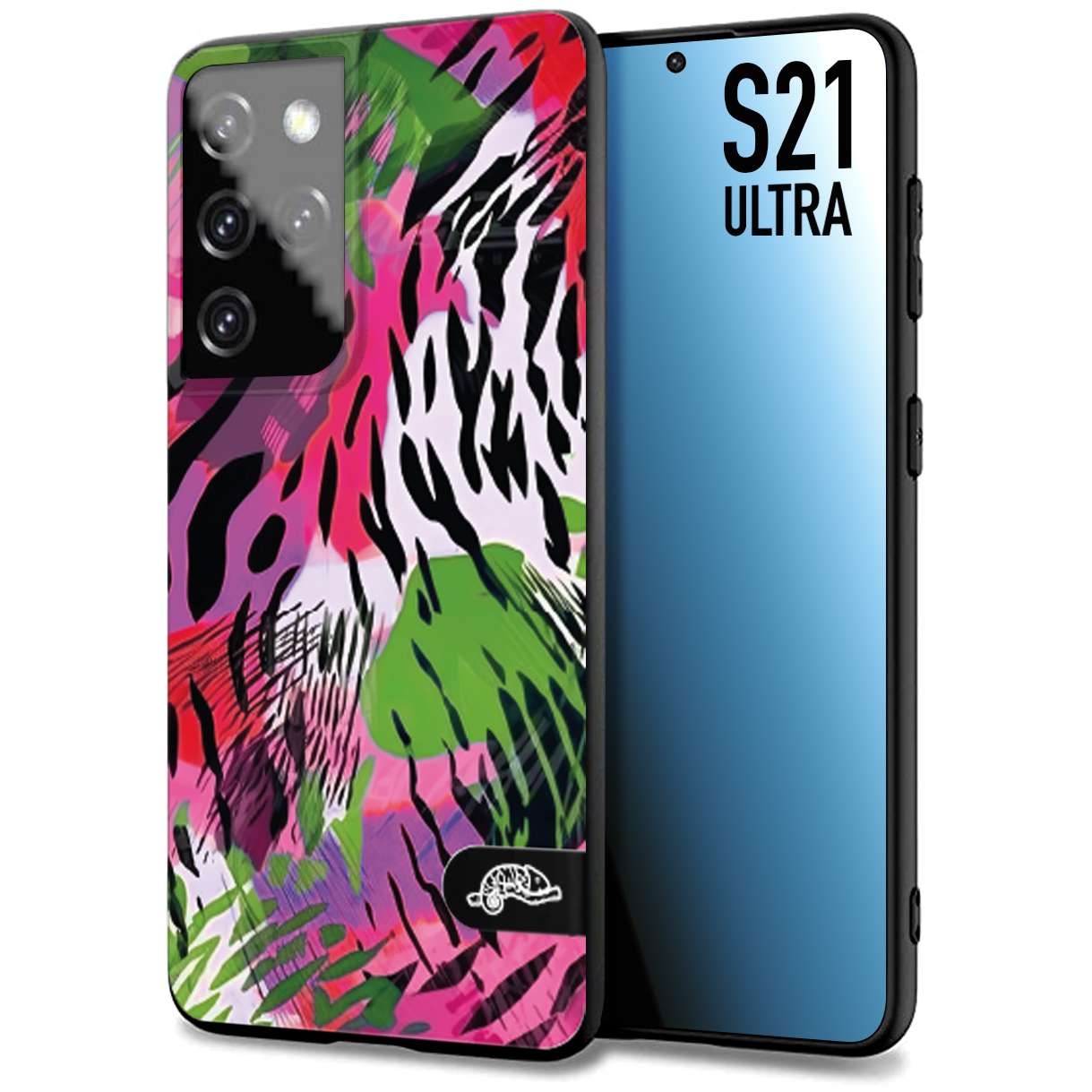 CUSTOMIZZA - Custodia cover nera morbida in tpu compatibile per Samsung S21 ULTRA leopardato tigrato tiger colorata summer color verde fucsia