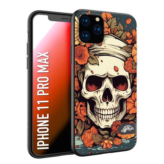 CUSTOMIZZA - Custodia cover nera morbida in tpu compatibile per iPhone 11 PRO MAX teschio skull flowers fiori tattoo disegnato alta definizione