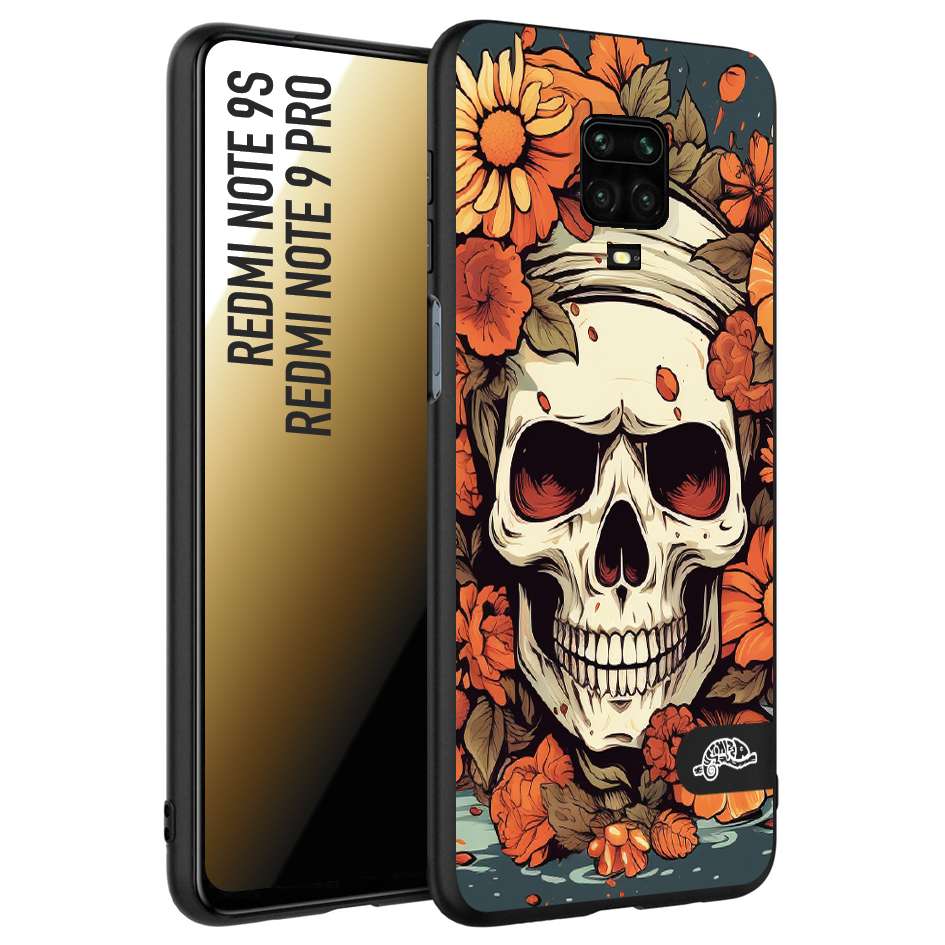 CUSTOMIZZA - Custodia cover nera morbida in tpu compatibile per Xiaomi Redmi Note 9S - Note 9 PRO teschio skull flowers fiori tattoo disegnato alta definizione