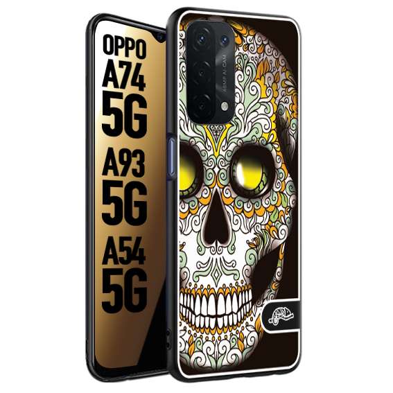 CUSTOMIZZA - Custodia cover nera morbida in tpu compatibile per Oppo A74 5G - A93 5G - A54 5G teschio messicano Mexican skull bianco verde giallo