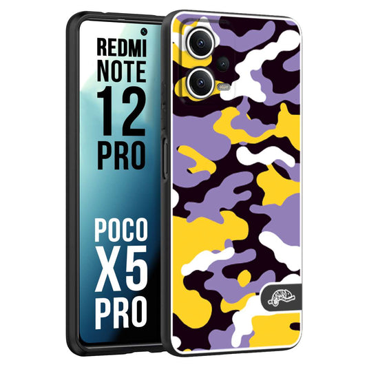 CUSTOMIZZA - Custodia cover nera morbida in tpu compatibile per Xiaomi Redmi Note 12 PRO - POCO X5 PRO camouflage mimetico militare viola lilla giallo