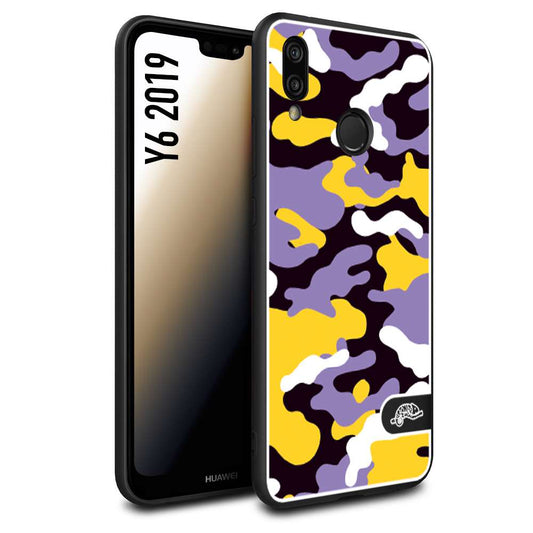 CUSTOMIZZA - Custodia cover nera morbida in tpu compatibile per Huawei Y6 2019 camouflage mimetico militare viola lilla giallo