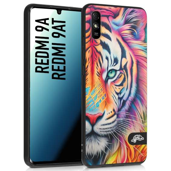 CUSTOMIZZA - Custodia cover nera morbida in tpu compatibile per Xiaomi Redmi 9A - 9AT animali color tigre tiger viso colori vibranti disegnato schizzo