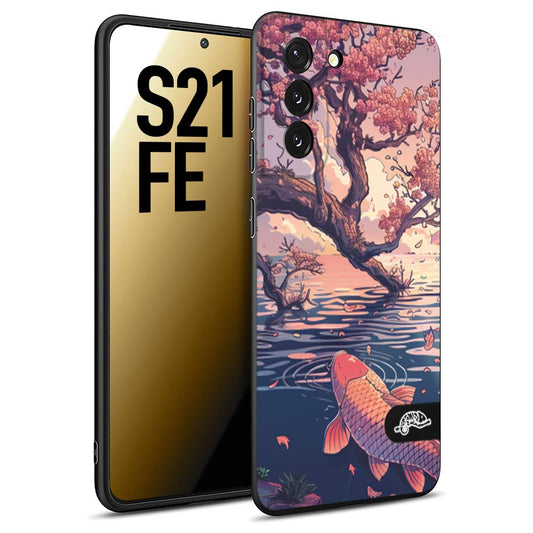 CUSTOMIZZA - Custodia cover nera morbida in tpu compatibile per Samsung S21 FE giapponese lago carpa koi rosa con foglie d'acero disegnata tattoo