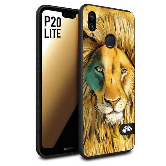 CUSTOMIZZA - Custodia cover nera morbida in tpu compatibile per Huawei P20 LITE leone lion disegnato a mano giallo blu a rilievo artistico brown