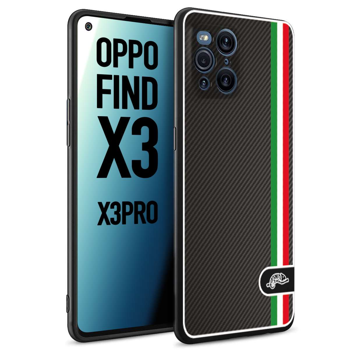 CUSTOMIZZA - Custodia cover nera morbida in tpu compatibile per Oppo Find X3 - Find X3 Pro 5G effetto fibra di carbonio bandiera Italia made in Italy