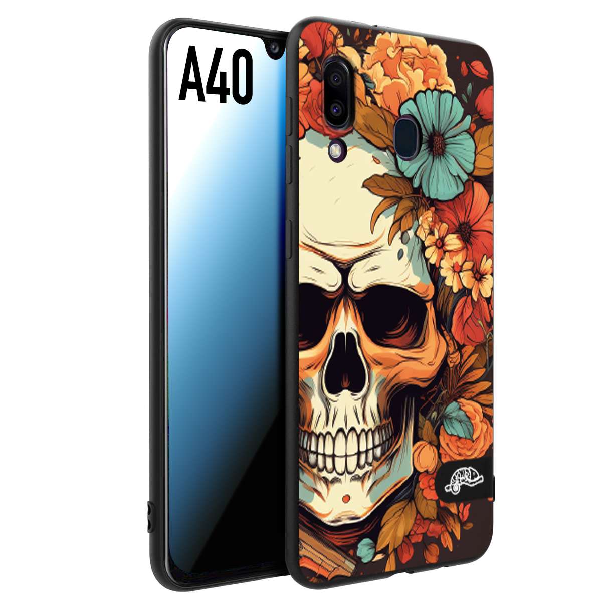 CUSTOMIZZA - Custodia cover nera morbida in tpu compatibile per Samsung A40 teschio skull flowers fiori autunnali arancio celeste tattoo