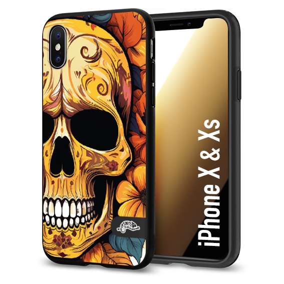 CUSTOMIZZA - Custodia cover nera morbida in tpu compatibile per iPhone X - Xs teschio messicano colorato dorato fiori autunnali disegnato