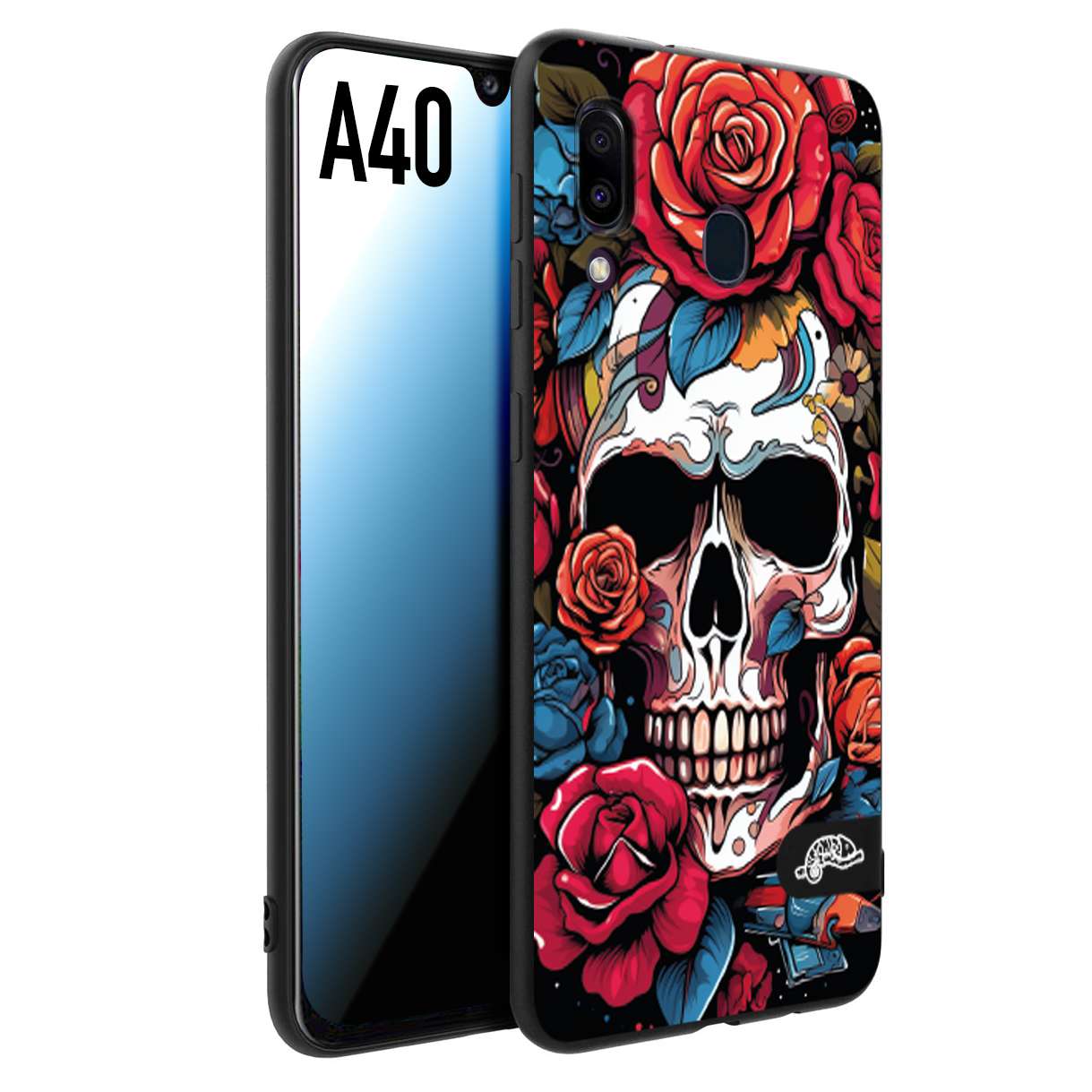 CUSTOMIZZA - Custodia cover nera morbida in tpu compatibile per Samsung A40 teschio skull flowers fiori rose rosse tattoo disegnato