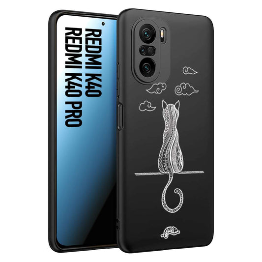 CUSTOMIZZA - Custodia cover nera morbida in tpu compatibile per Xiaomi Redmi K40 - K40 Pro gatto mandala stilizzato gattino a rilievo soft touch donna bianca