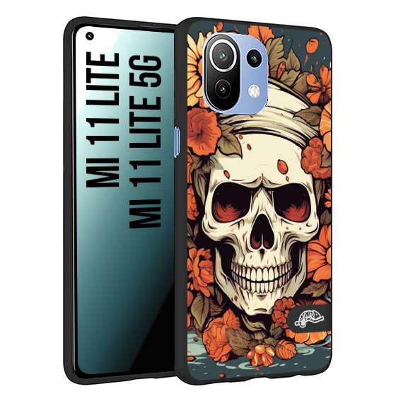 CUSTOMIZZA - Custodia cover nera morbida in tpu compatibile per Xiaomi Mi 11 Lite / Mi 11 Lite 5G teschio skull flowers fiori tattoo disegnato alta definizione