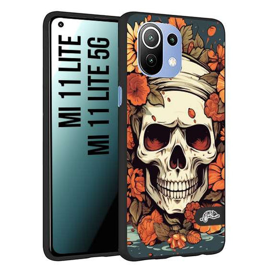 CUSTOMIZZA - Custodia cover nera morbida in tpu compatibile per Xiaomi Mi 11 Lite / Mi 11 Lite 5G teschio skull flowers fiori tattoo disegnato alta definizione