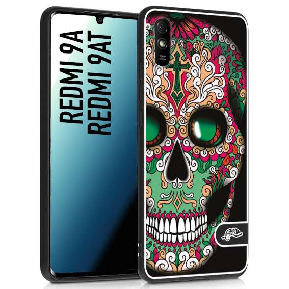 CUSTOMIZZA - Custodia cover nera morbida in tpu compatibile per Xiaomi Redmi 9A - 9AT teschio messicano Mexican skull verde fucsia