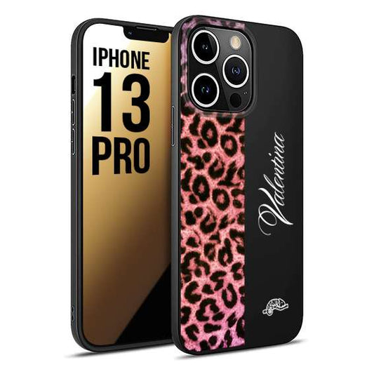 CUSTOMIZZA - Custodia cover nera morbida in tpu compatibile per iPhone 13 PRO leopardato rosa fucsia personalizzata nome iniziali