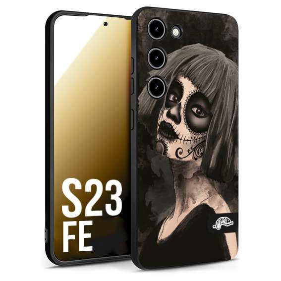 CUSTOMIZZA - Custodia cover nera morbida in tpu compatibile per Samsung S23 FE chicana messicana dea de la muerte donna santa tattoo disegnata