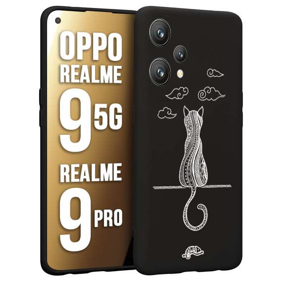 CUSTOMIZZA - Custodia cover nera morbida in tpu compatibile per Oppo Realme 9 5G - 9 PRO gatto mandala stilizzato gattino a rilievo soft touch donna bianca