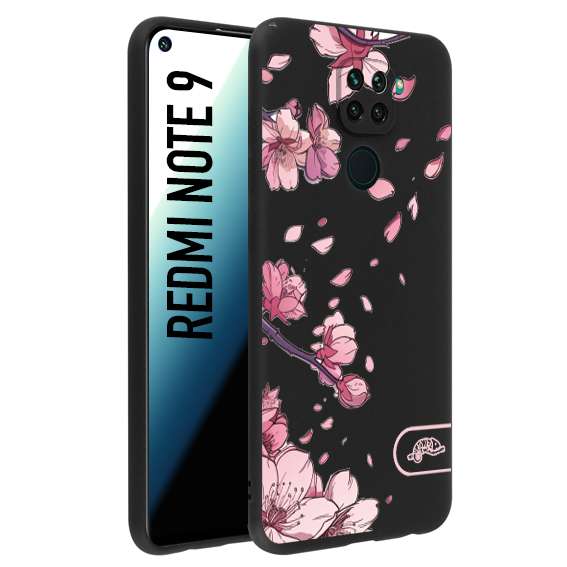 CUSTOMIZZA - Custodia cover nera morbida in tpu compatibile per Xiaomi Redmi Note 9 giapponese fiori di ciliegio in fiore a rilievo disegnata tattoo