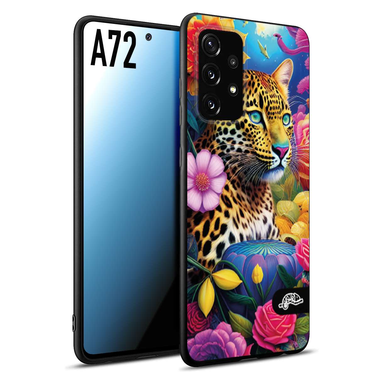 CUSTOMIZZA - Custodia cover nera morbida in tpu compatibile per Samsung A72 fiori astratti donna flower fantasia leopardo ghepardo animali colorati