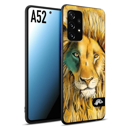 CUSTOMIZZA - Custodia cover nera morbida in tpu compatibile per Samsung A52 leone lion disegnato a mano giallo blu a rilievo artistico brown