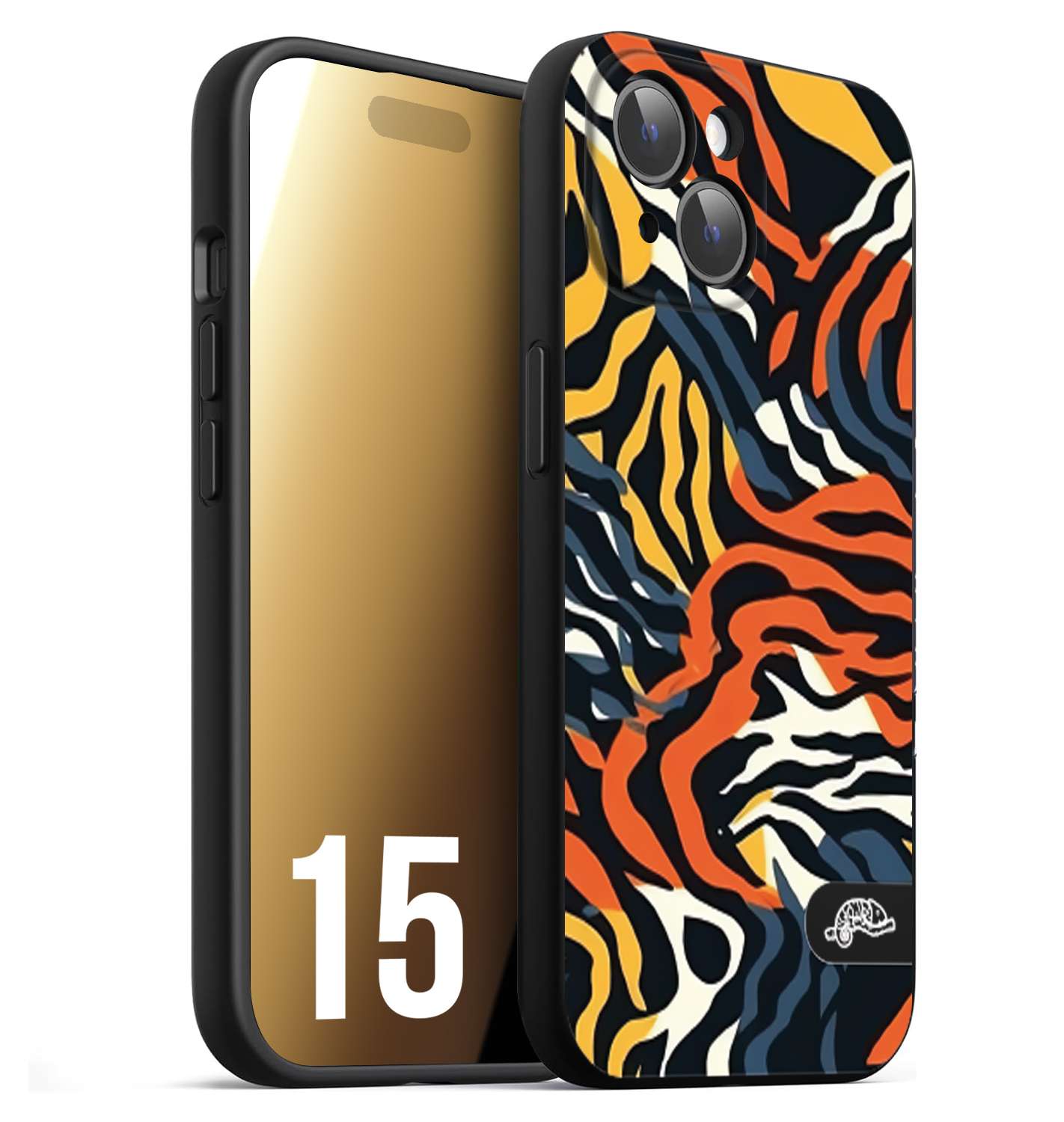 CUSTOMIZZA - Custodia cover nera morbida in tpu compatibile per iPhone 15 leopardato maculato tigrato tiger colorata gialla blu arancio