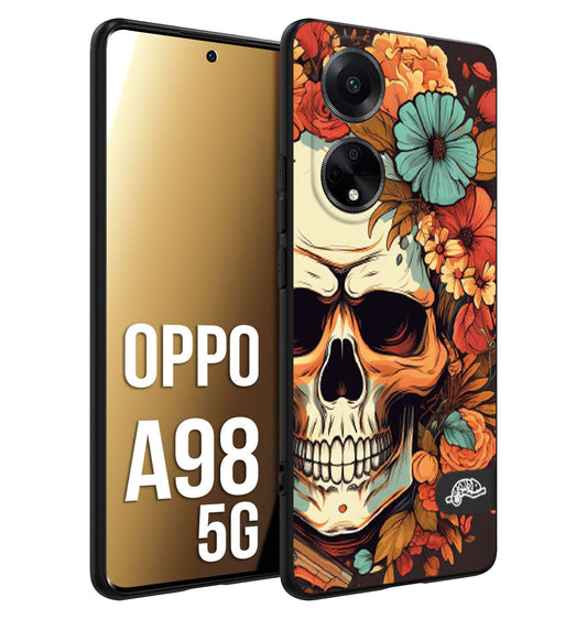 CUSTOMIZZA - Custodia cover nera morbida in tpu compatibile per Oppo A98 5G teschio skull flowers fiori autunnali arancio celeste tattoo