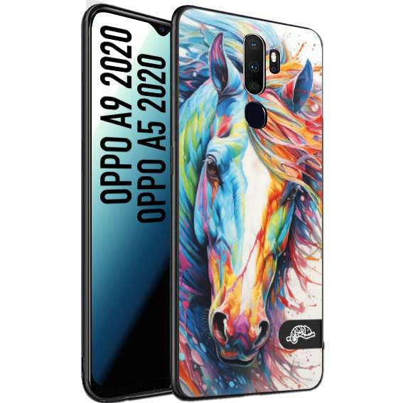 CUSTOMIZZA - Custodia cover nera morbida in tpu compatibile per Oppo A9 2020 - A5 2020 animali color cavallo horse viso colori vibranti disegnato schizzo