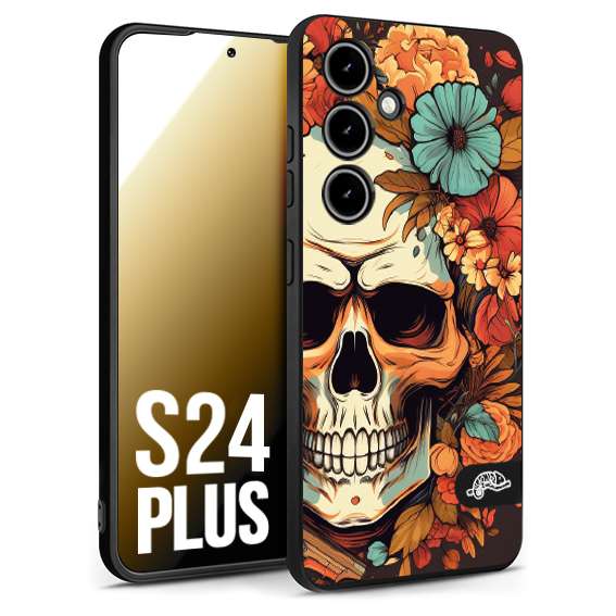 CUSTOMIZZA - Custodia cover nera morbida in tpu compatibile per Samsung S24 PLUS teschio skull flowers fiori autunnali arancio celeste tattoo