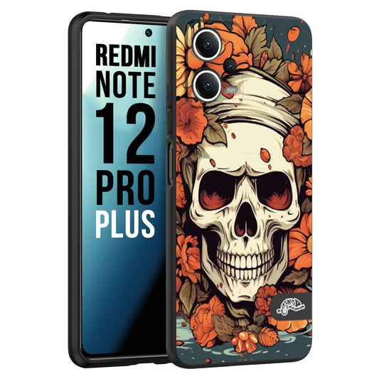 CUSTOMIZZA - Custodia cover nera morbida in tpu compatibile per Xiaomi Redmi Note 12 PRO PLUS teschio skull flowers fiori tattoo disegnato alta definizione