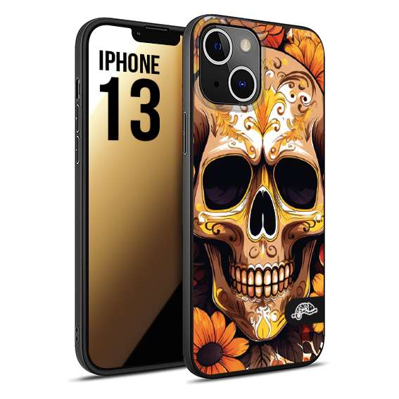 CUSTOMIZZA - Custodia cover nera morbida in tpu compatibile per iPhone 13 teschio messicano colorato dorato fiori tattoo disegnato